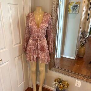 HELLOMOLLY Sheer Print Long Sleeve V Neck Ruffle Dress Size Small